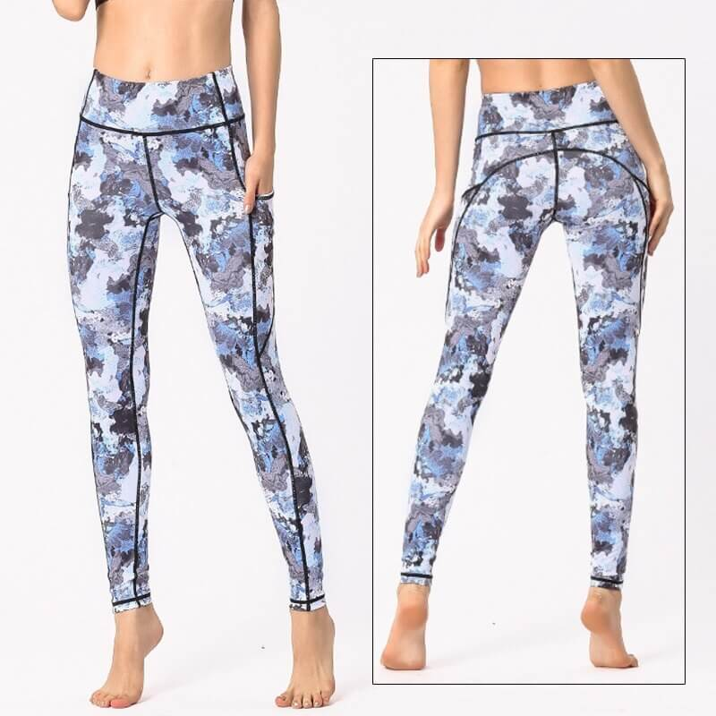 Blue camouflage high-waist yoga leggings for women, featuring breathable nylon-spandex blend for ultimate comfort and flexibility.